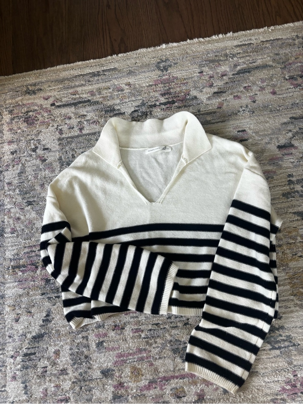 Altar'd State Cream & Black Striped V-Neck Collared Sweater